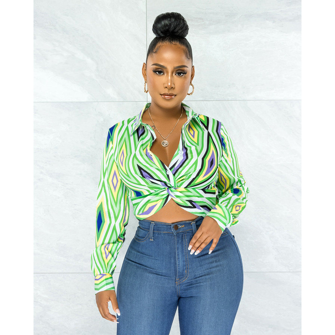 Women’s Bella Mia twist button shirt top with geometric pattern print, long sleeves and collar, casual stylish clothing.