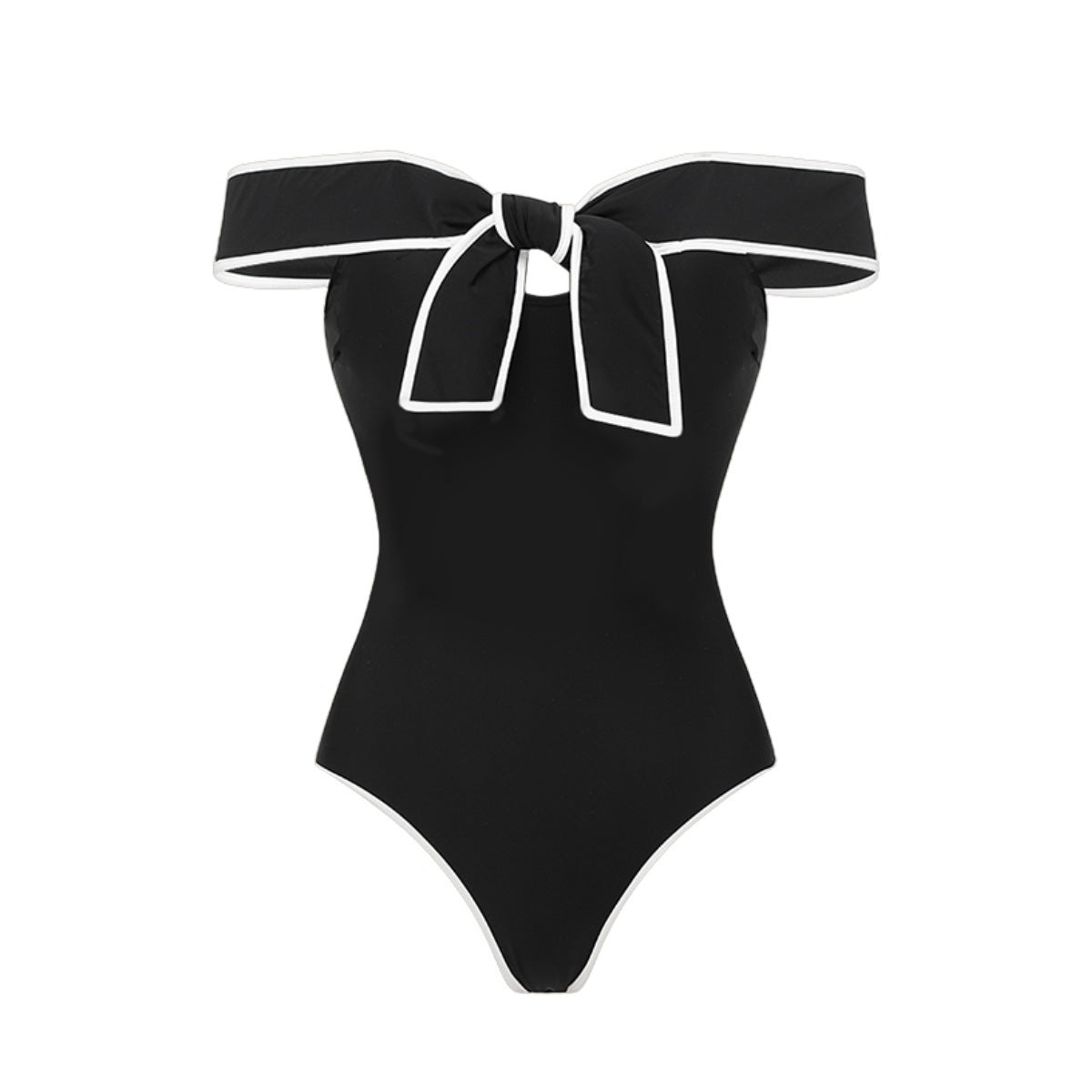 Black and white swimsuit with a bow and matching white skirt for women, featuring a sweet girl-inspired design by Plush Fashion Hub.