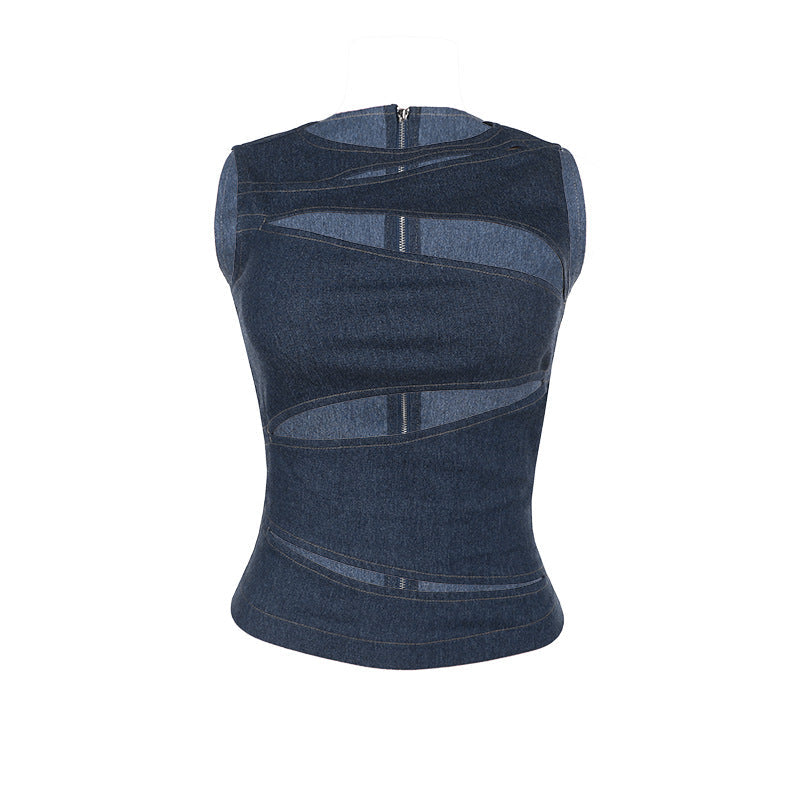 Sexy women’s imitation denim vest top with cutout design, stylish summer clothing from Wanita Store