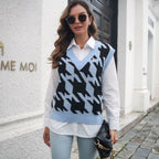 Bella Mia houndstooth V-neck knit vest sweater for women, suitable for autumn and winter, with boucle detailing.