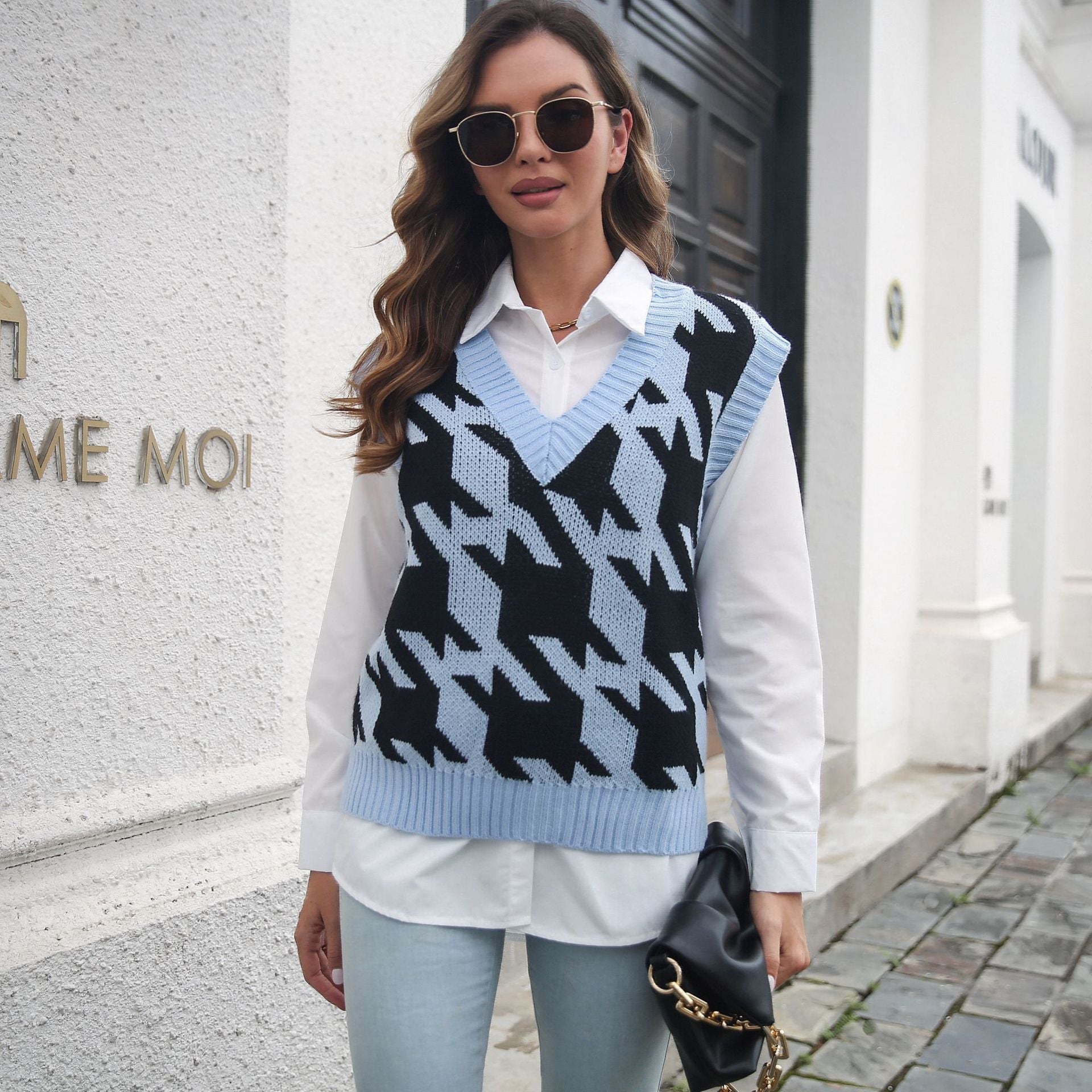 Bella Mia houndstooth V-neck knit vest sweater for women, layered outerwear for autumn and winter in boucle knit fabric.
