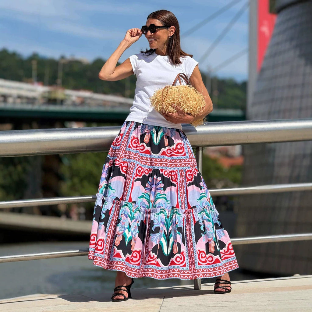 Printed ruffled summer skirt for women with a large swing design, featuring a flowing, stylish look in the Wanita Store collection.