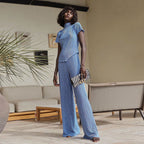 Blue high waist pleated wide-leg pants and a spring slimming T-shirt, casual women's fashion outfit from Wanita Store.
