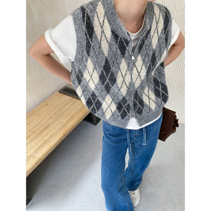 Mid Ancient Design College Hit Color Diamond Lattice round Neck Double Zipper Knitted Vest Bella Mia