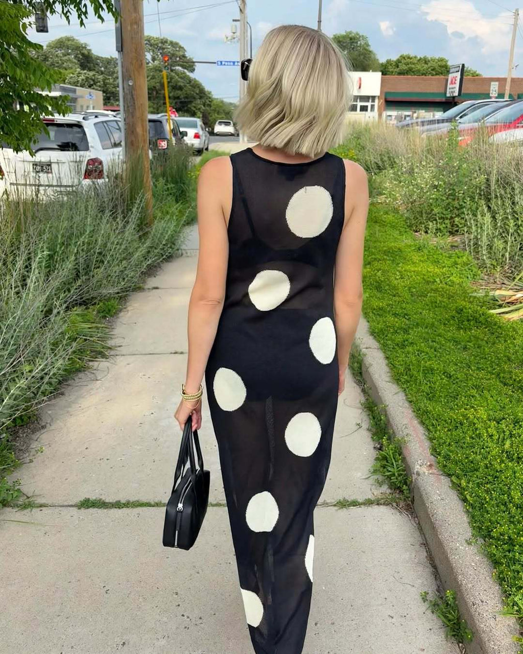 Plush Fashion Hub women's autumn winter polka dot knitted maxi dress with bohemian style, see-through design, casual slimming fit.