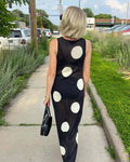 Plush Fashion Hub women's autumn winter polka dot knitted maxi dress with bohemian style, see-through design, casual slimming fit.