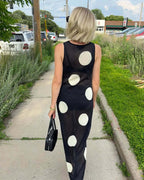 Plush Fashion Hub women's autumn winter polka dot knitted maxi dress with bohemian style, see-through design, casual slimming fit.