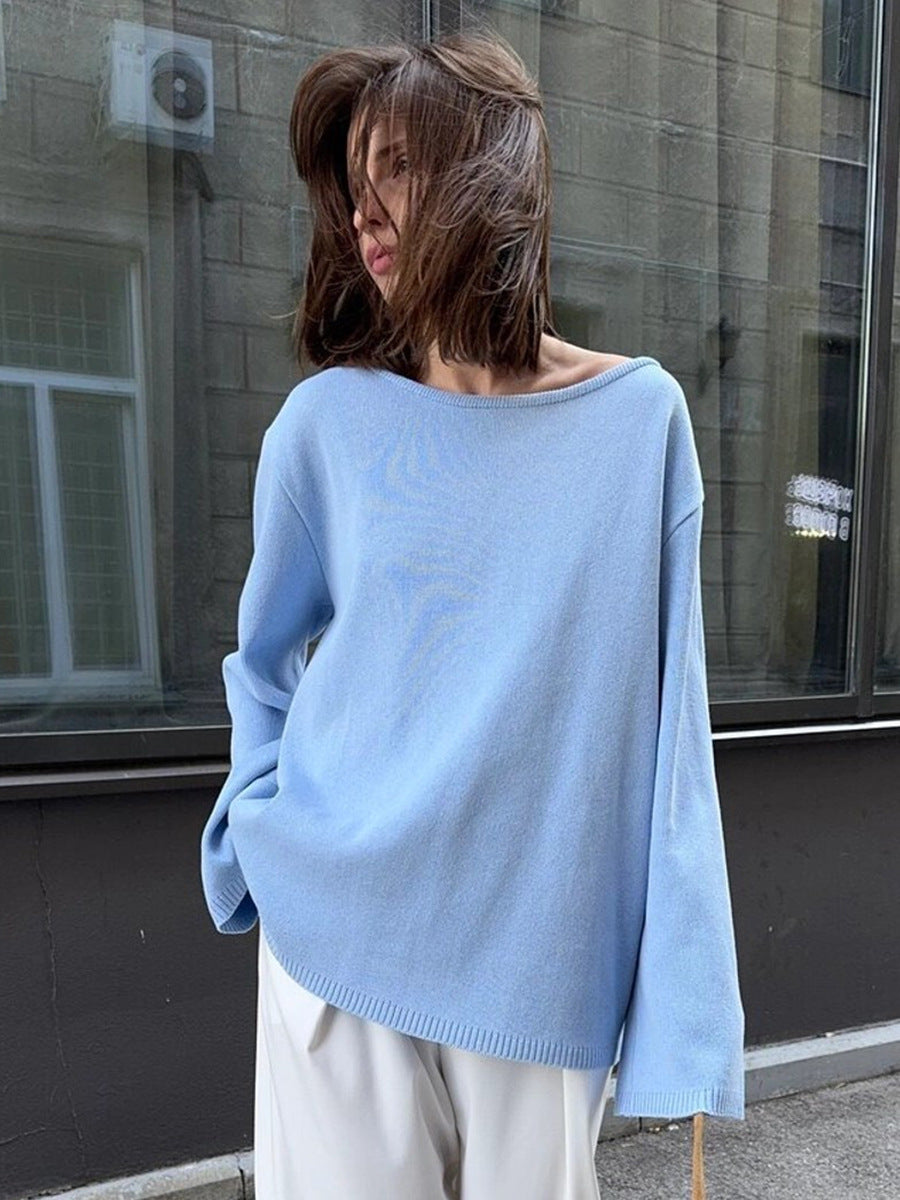 Loose knitted cotton pullover sweater for women by Bella Mia, featuring a backless design ideal for autumn and winter.