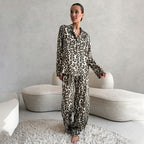 Bella Mia women's satin leopard print pajamas with long sleeves and trousers, soft and comfortable for home wear.