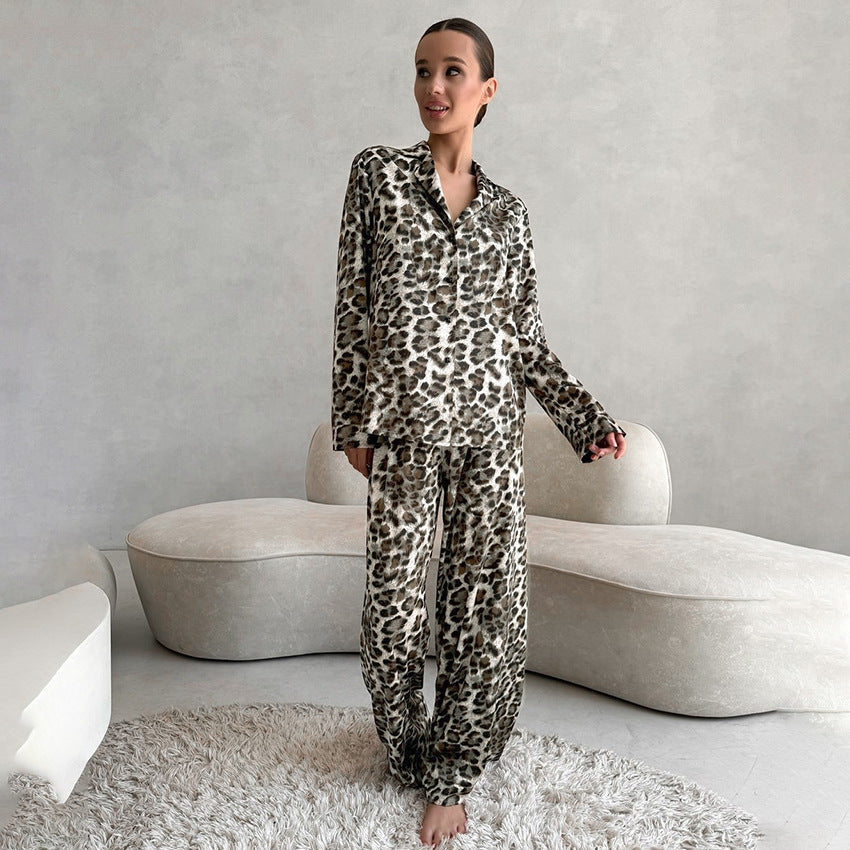 Bella Mia women's satin leopard print pajamas with long sleeves and trousers, soft and comfortable for home wear.