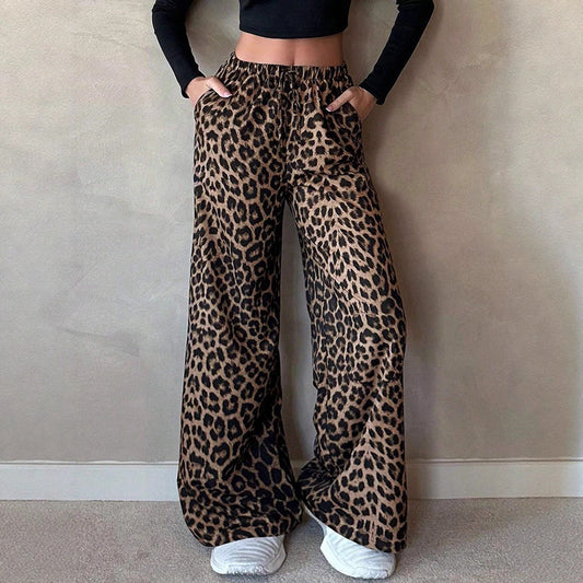 Women Clothing Satin Casual Pants Fall High Waist Leopard Print Loose Straight Satin Wide Leg Pants Bella Mia
