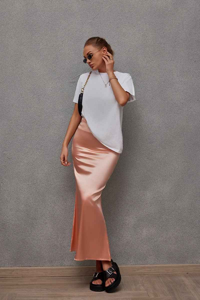 Bella Mia women's silk satin skirt, casual spring summer hip skirt in soft, flowing artificial silk fabric with stylish design.