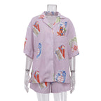 Women’s summer digital print casual shirt and shorts two-piece set with collared short sleeves and cardigan top by Plush Fashion Hub
