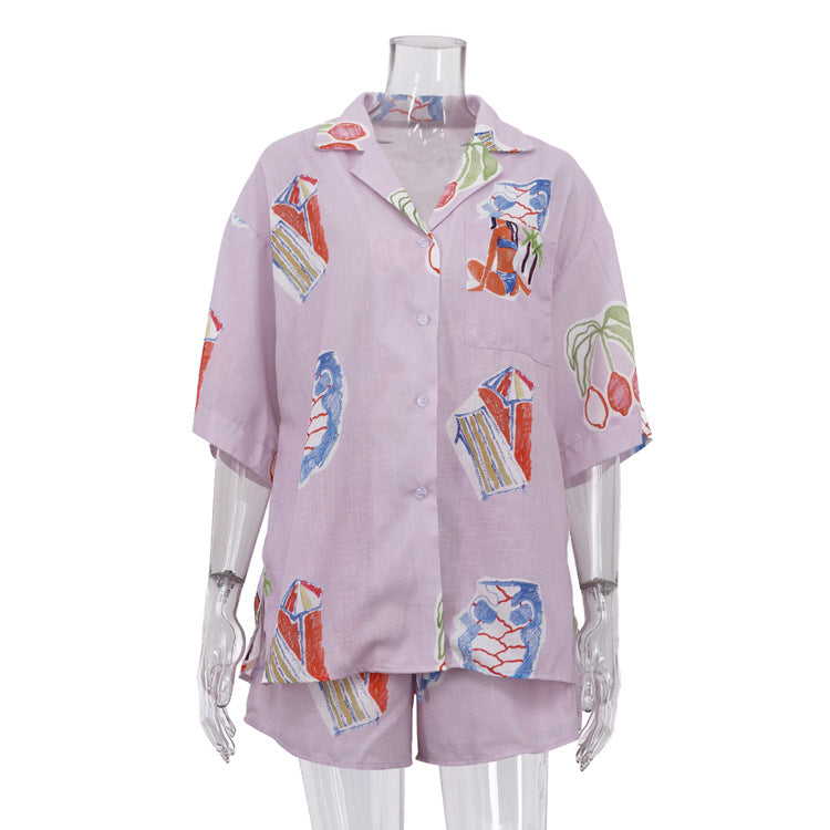 Women’s summer digital print casual shirt and shorts two-piece set with collared short sleeves and cardigan top by Plush Fashion Hub