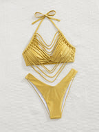 Solid color bikini short skirt three-piece set for women featuring a sexy triangle bikini top and matching bottoms.