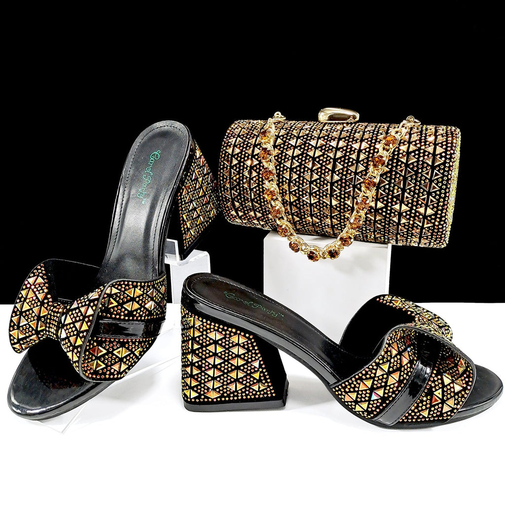 Women’s high heel slippers and cylindrical bag set with rhinestone embellishments, perfect for summer casual wear.