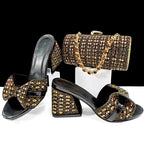Women’s high heel slippers and cylindrical bag set with rhinestone embellishments, perfect for summer casual wear.