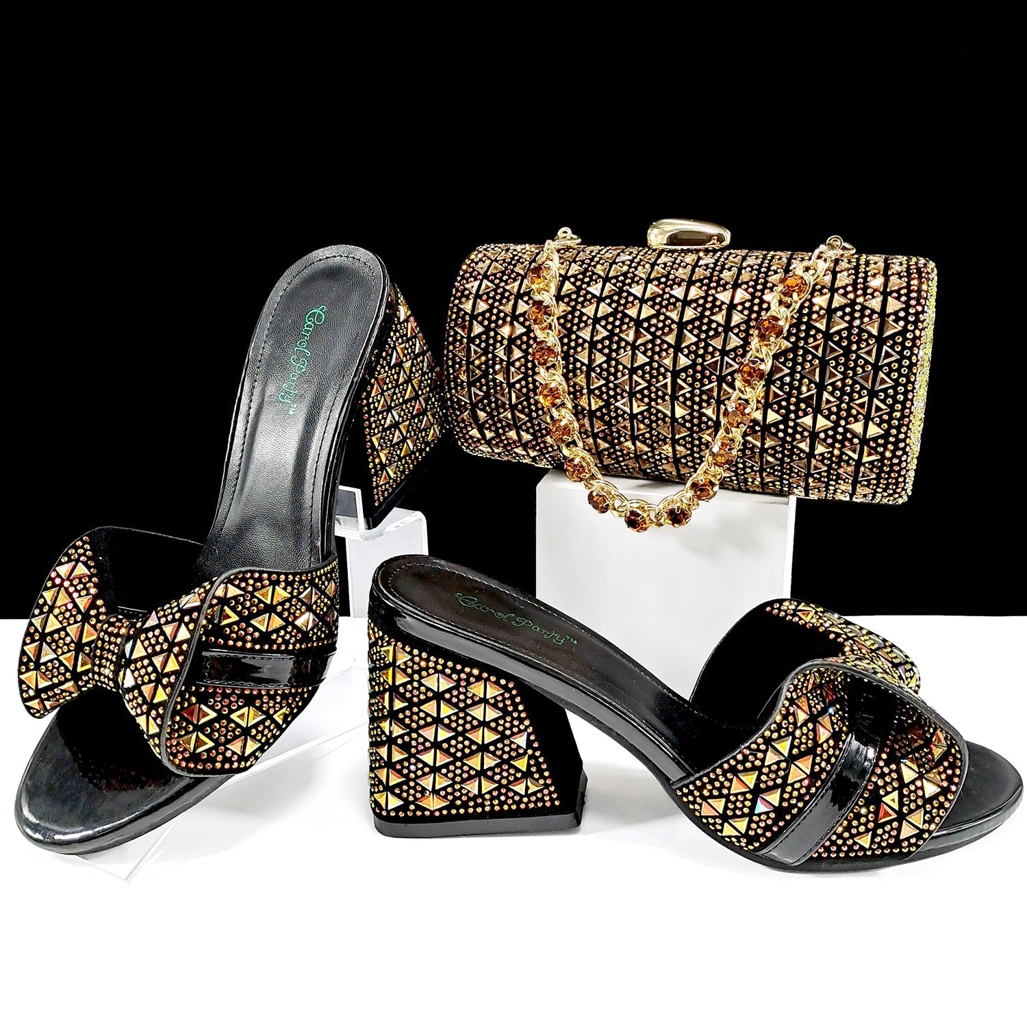 Women’s high heel slippers and cylindrical bag set with rhinestone embellishments, perfect for summer casual wear.