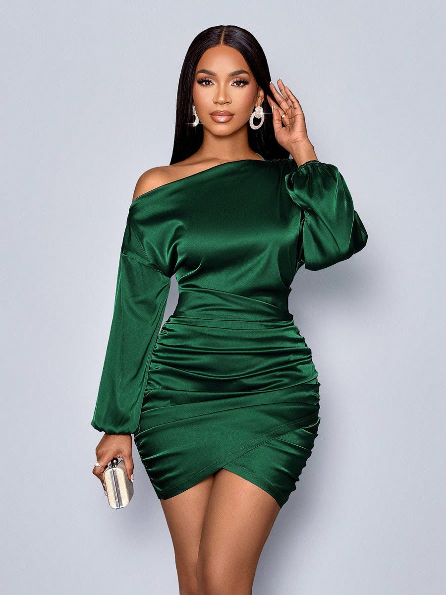 Women’s long sleeve satin dress by Bella Mia featuring an oblique shoulder design for stylish autumn wear.