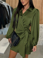 Women’s long sleeve satin dress by Bella Mia, featuring a fitted waist and elegant autumn party dress design.