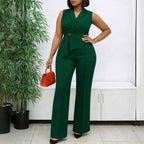 Plush Fashion Hub summer sleeveless jumpsuit with solid color, collar, lace-up front, and wide-leg pants on a model.