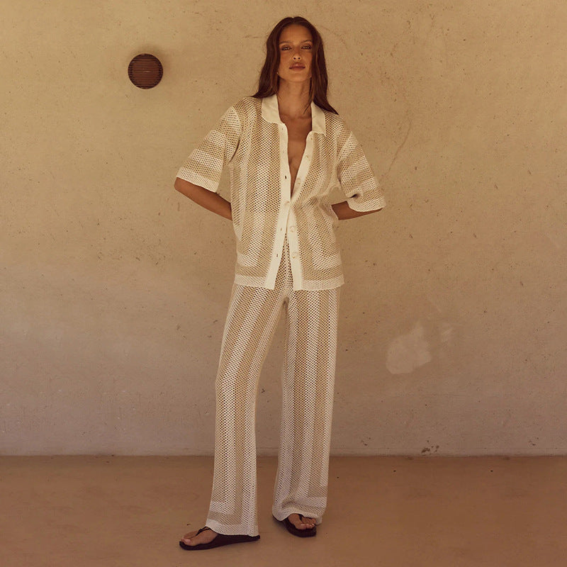 Solid color knitted bikini swimsuit and blouse set for women, featuring a two-piece beachwear by Bella Mia, displayed on a model.
