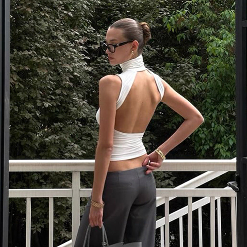 Women Clothing Summer Elegant Sleeveless Solid Color Turtleneck Backless Top Bella Mia