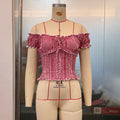 Summer women's plaid top by Plush Fashion Hub with lace-edged puff sleeves and a sweet, pure design.