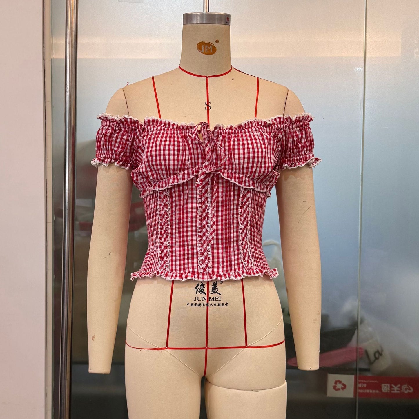 Summer women's plaid top by Plush Fashion Hub with lace-edged puff sleeves and a sweet, pure design.