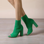 Bella Mia women's knitted peep toe high heel sandals with chunky heel, round toe design, stylish street date shoes.