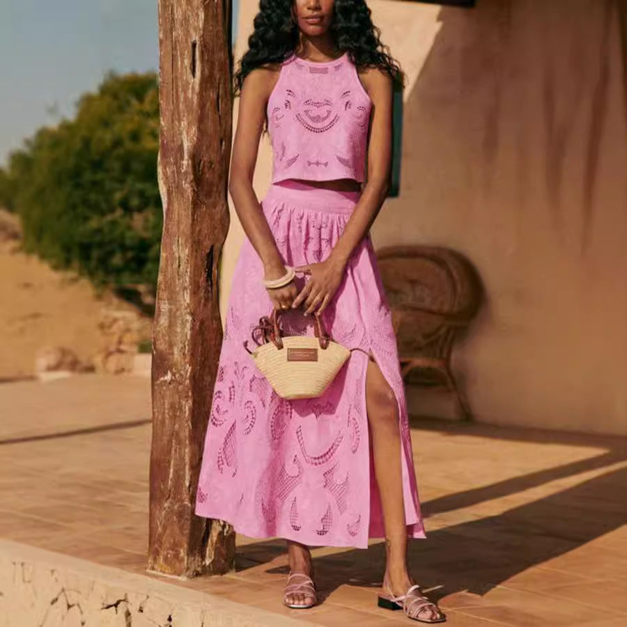 Casual sleeveless skirt and pocket two-piece set by Plush Fashion Hub, featuring a loose fit and split design for vacation style.