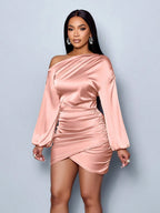 Women Autumn Oblique Shoulder Long Sleeve Satin Dress Sexy Dress Bella Mia