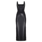 Women’s slim fit leather sheath dress by Bella Mia featuring a square collar, low cut design, drawstring waist, and split hem.
