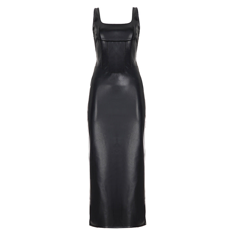 Women’s slim fit leather sheath dress by Bella Mia featuring a square collar, low cut design, drawstring waist, and split hem.