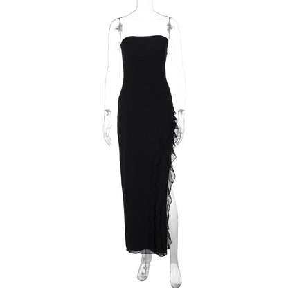 Women Clothing Summer Solid Color Ruffles Sexy Slit Tube Top Dress Hair Bella Mia