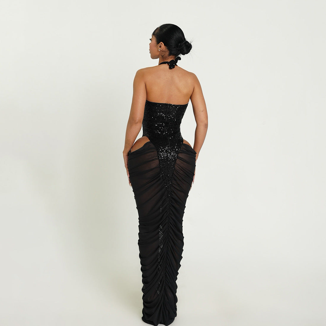Bella Mia women's autumn winter ruffle hip dress with see-through mesh, sexy sequined stitching, and stylish design.