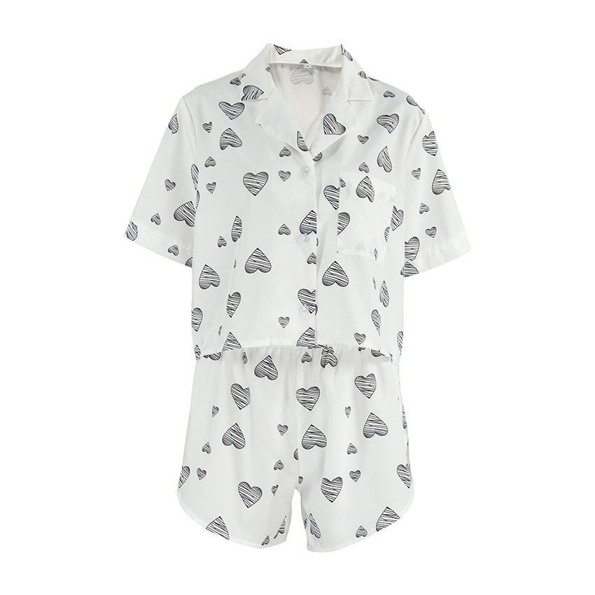 Bella Mia women's short sleeve heart-print cardigan and split shorts pajama set, casual and comfortable home wear for spring and summer.