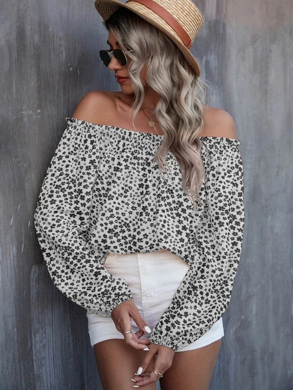 Bella Mia women's off-shoulder printed long sleeve loose top, perfect for autumn and winter casual wear