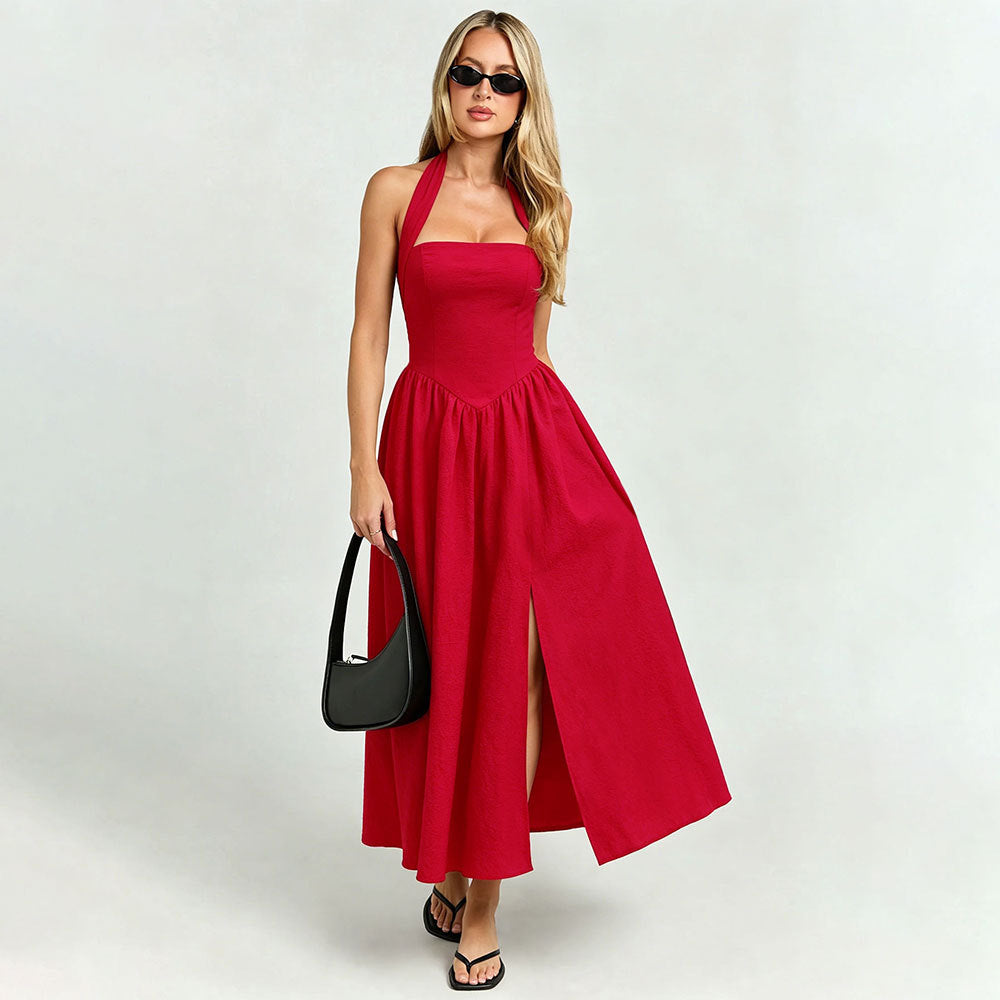 Red halter lace-up backless midi dress with waist trimming and large swing split, perfect for holiday occasions by Plush Fashion Hub