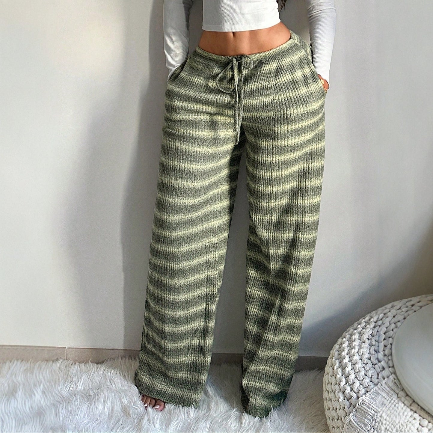 Casual women's striped straight-leg trousers in contrast colors, featuring a slimming loose fit from Plush Fashion Hub.