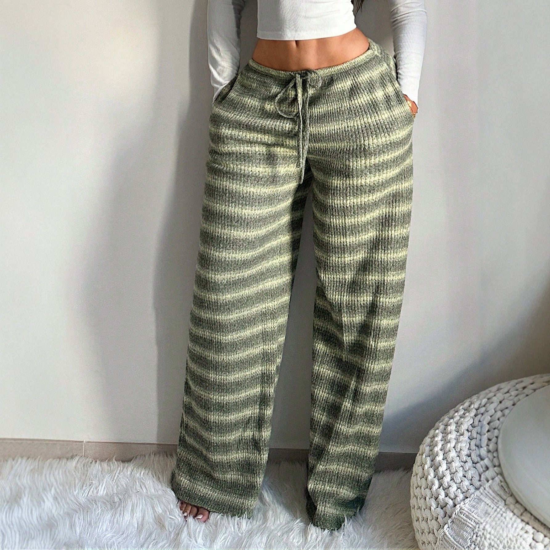 Women’s casual straight-leg trousers with contrast color striped design, loose fit, and comfortable style by Wanita Store.