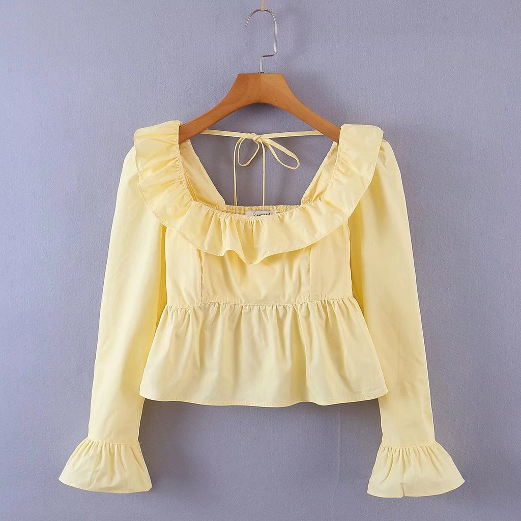 Summer Wind Bella Mia women's long sleeve ruffled shirt in solid color, featuring a stylish design and lightweight fabric.