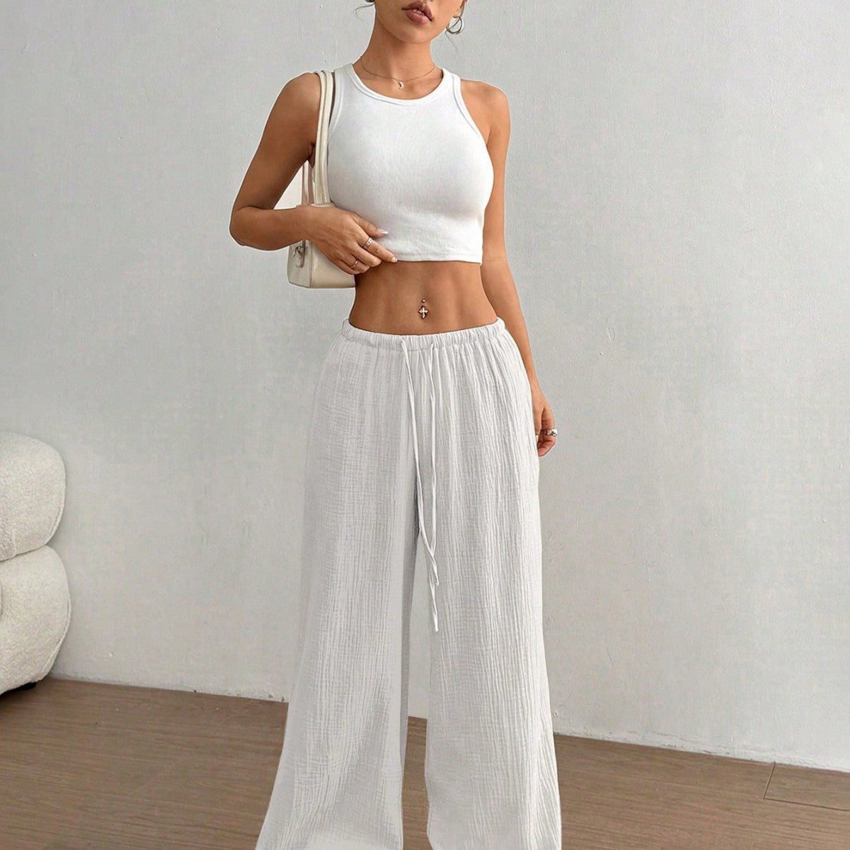 Pure Cotton Casual Solid Color Loose Wide Leg Draggle Tail Trousers Bella Mia