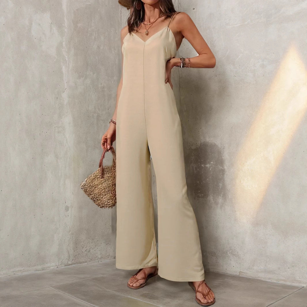 Women’s sleeveless casual jumpsuit by Plush Fashion Hub with solid color, wide-leg pants and a relaxed, loose fit.