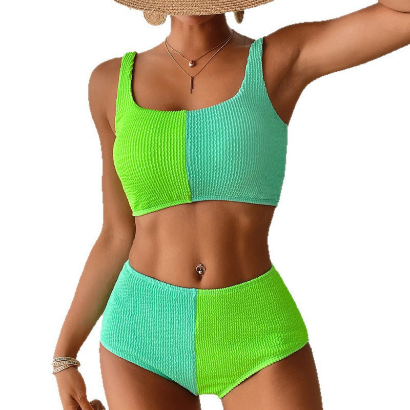 Bella Mia women's high waist bikini swimsuit featuring a split solid color design, perfect for stylish swimming and beachwear.