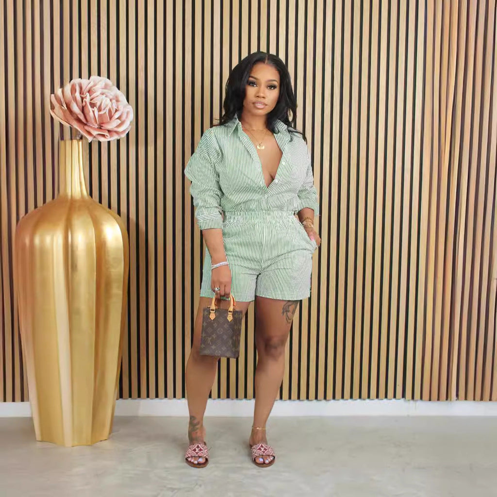 Women wearing Wanita Store spring summer striped two-piece set with a button-up collar and casual style.