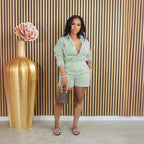 Women wearing Wanita Store spring summer striped two-piece set with a button-up collar and casual style.