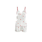 Bella Mia satin spring homewear set featuring heart-print suspender shorts and matching two-piece pajama top for women.