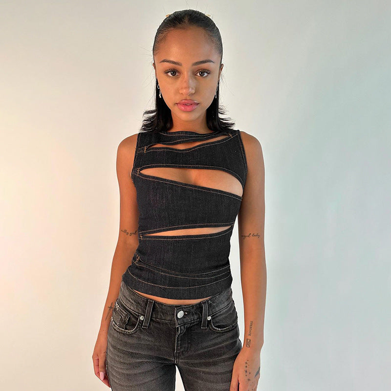 Women’s imitation denim vest top with sexy cutout design, sleeveless summer clothing by Wanita Store, casual and stylish wear.