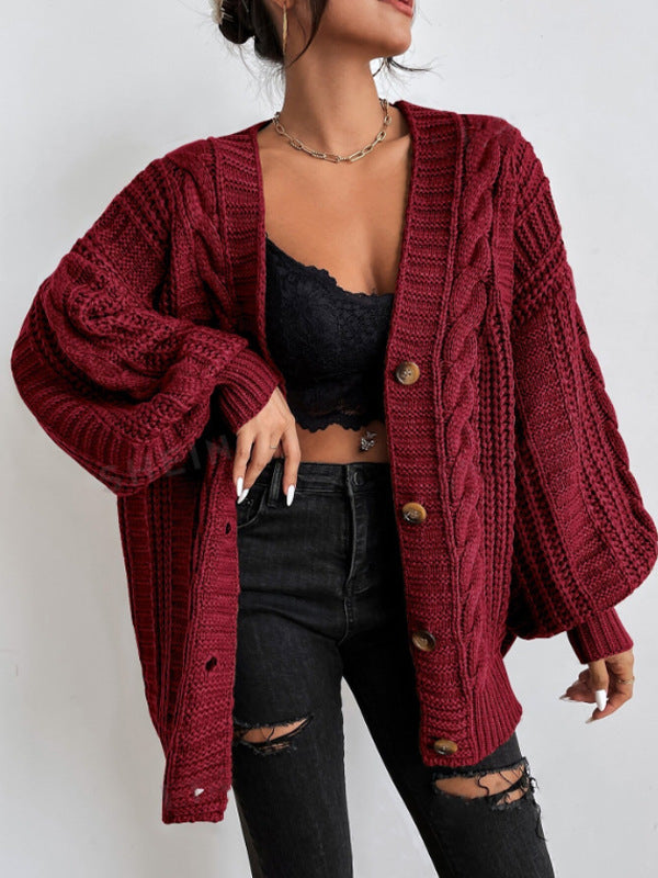 Bella Mia women's V-neck sweater with retro loose fit, twist detail, lantern sleeves, and knitted cardigan coat style.